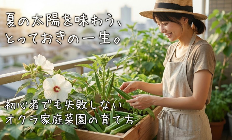 ベランダでオクラを収穫する女性と、美しいオクラの花。初心者向けのオクラ家庭菜園ガイド記事のタイトル文字入りアイキャッチ画像。